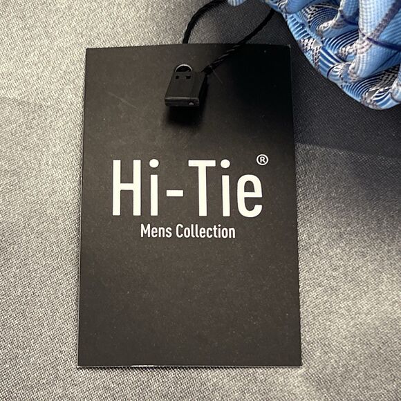 Hi-Tie Men’s 100%‎ Silk Tie Handkerchief Set Geometric Blue Silver Wedding Dance - Picture 4 of 11